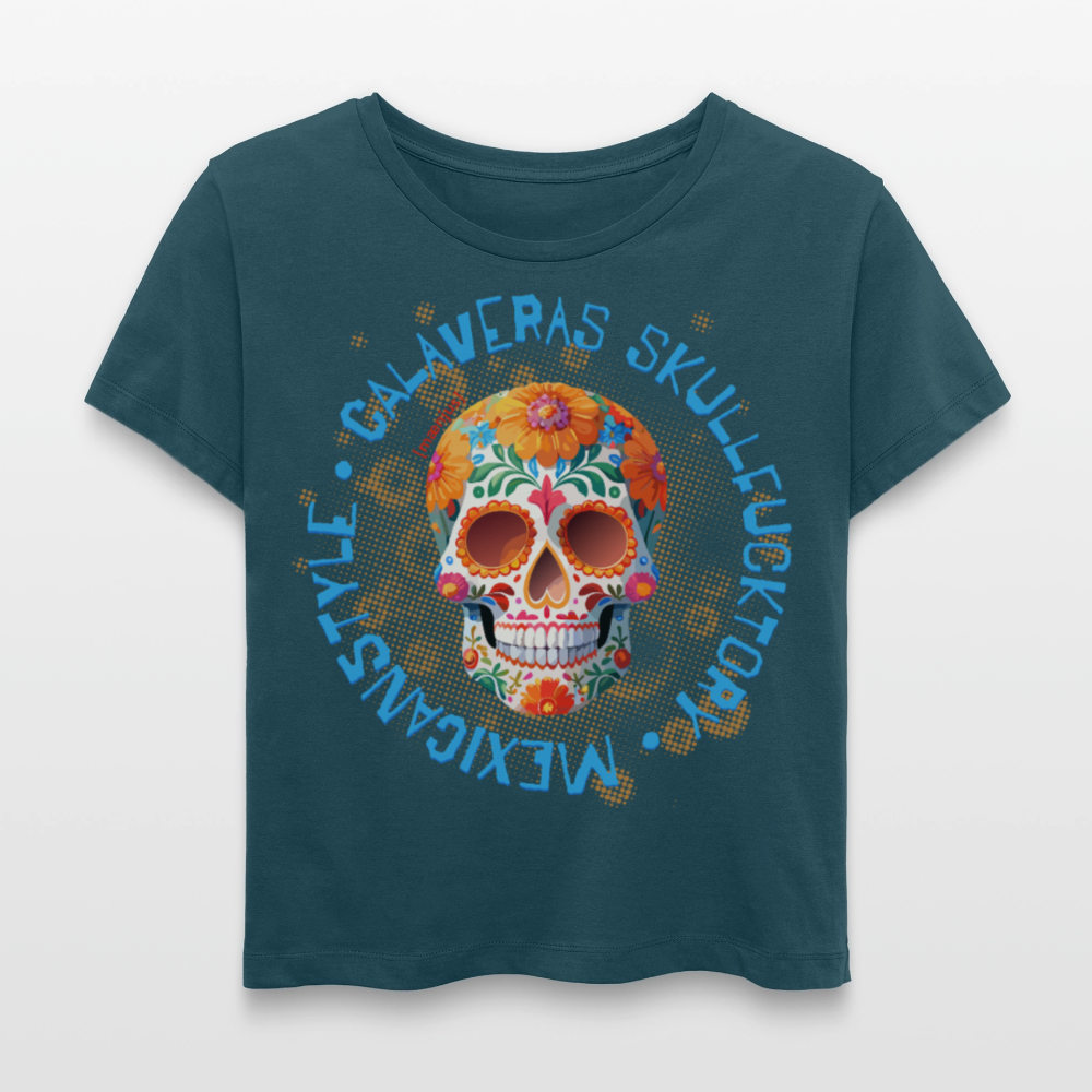 Relaxed Rundhals Frauen Bio-T-Shirt mit CALAVERAS SKULL PRINT - Dunkles Petrol