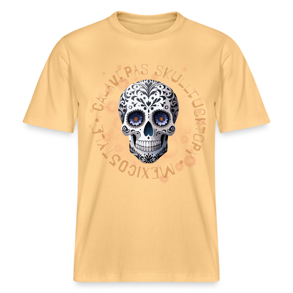 Relaxed Fit Unisex Bio-T-Shirt mit CALAVERAS SKULL PRINT Vorderseite - Hellgelb