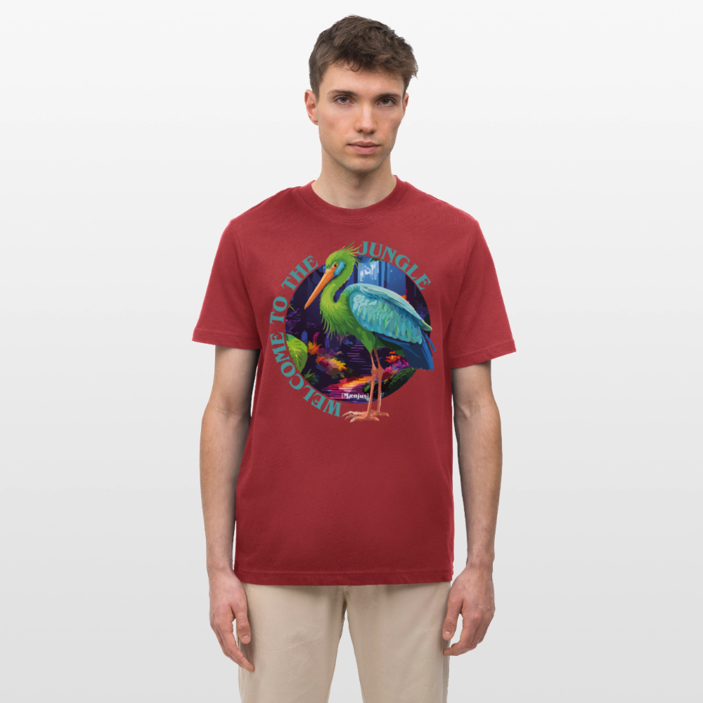 Relaxed Fit Unisex Bio-T-Shirt mit WELCOME TO THE JUNGLE PRINT Vorderseite - Erdrot