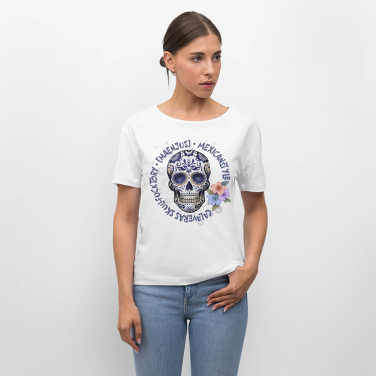 Rundhals Frauen Bio-T-Shirt mit MAENJUS MEXICANSTYLE PRINT Vorderseite - Weiß