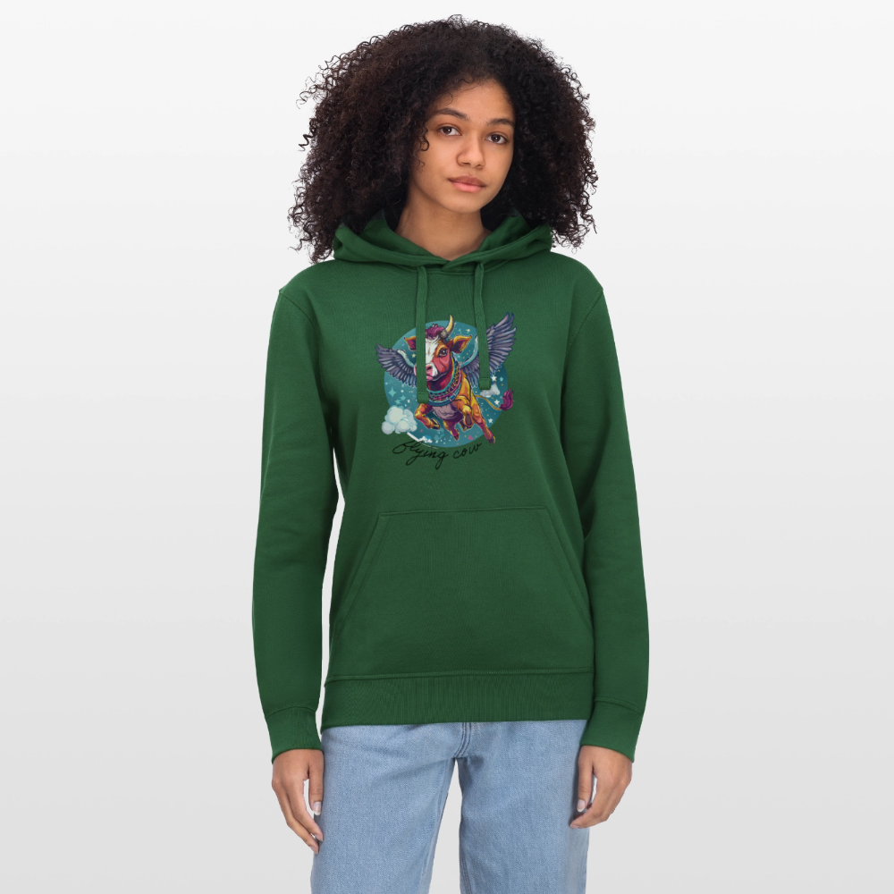 Unisex Bio-Hoodie mit FLYING COW PRINT Vorderseite - Flaschengrün