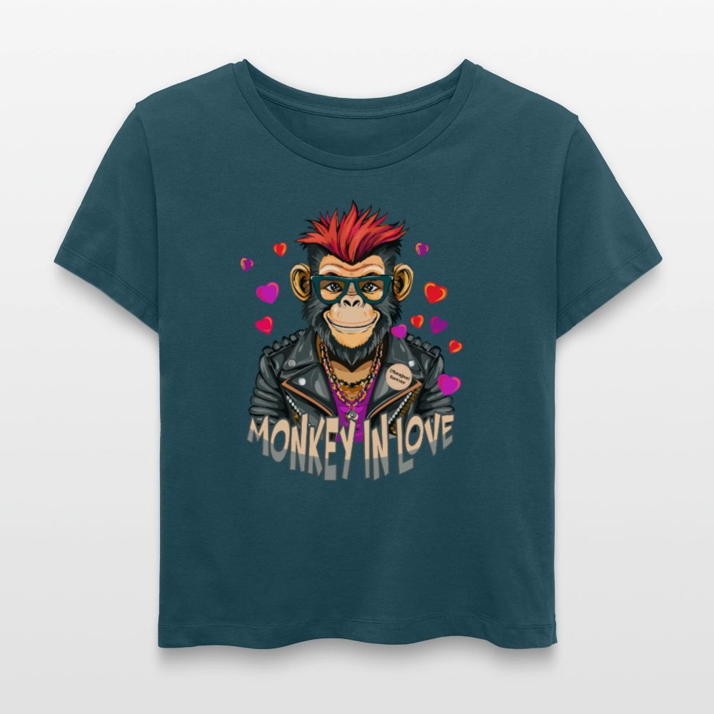 Frauen T-Shirt mit MONKEY IN LOVE PRINT - Dunkles Petrol