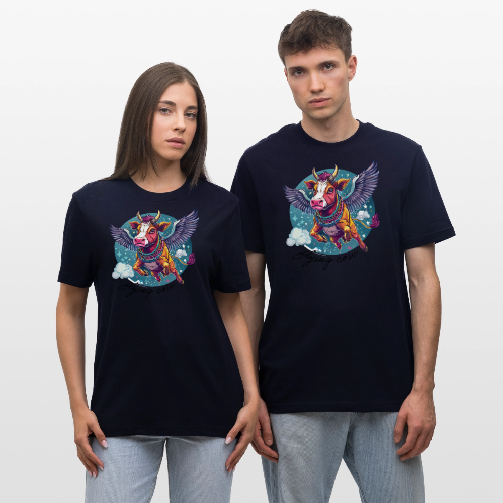 Relaxed Fit Unisex Bio-T-Shirt mit FLYING COW PRINT Vorderseite - Navy