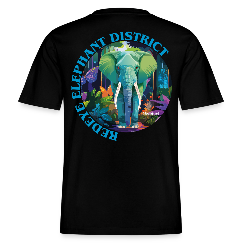 Relaxed Fit Unisex Bio-T-Shirt mit REDEYE ELEPHANT DISTRICT PRINT Vorder- und Rückseite - Schwarz