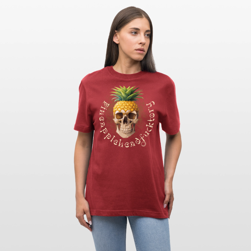 Relaxed Fit Unisex Bio-T-Shirt mit PINEAPPLE SKULL PRINT Vorderseite - Erdrot
