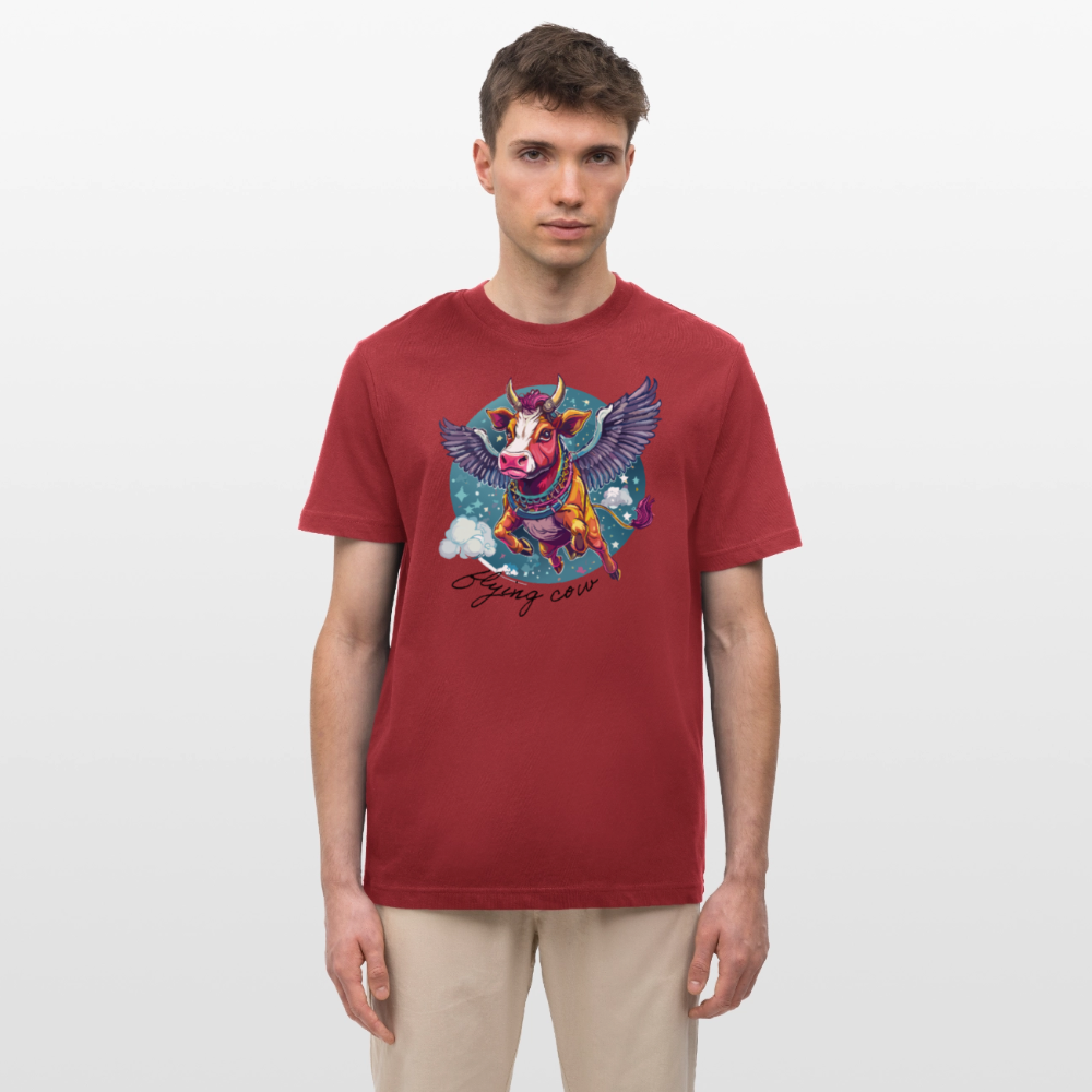 Relaxed Fit Unisex Bio-T-Shirt mit FLYING COW PRINT Vorderseite - Erdrot