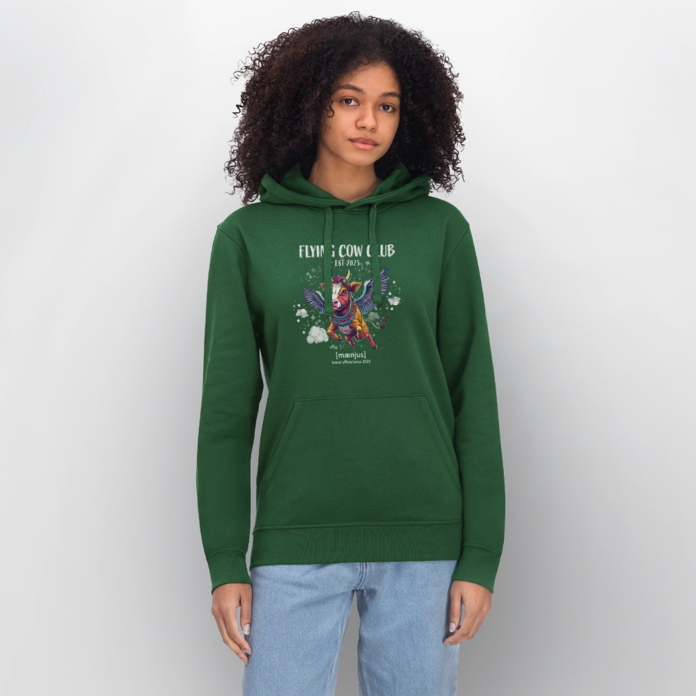 Unisex Bio-Hoodie mit FLYING COW CLUB PRINT Vorderseite - Flaschengrün