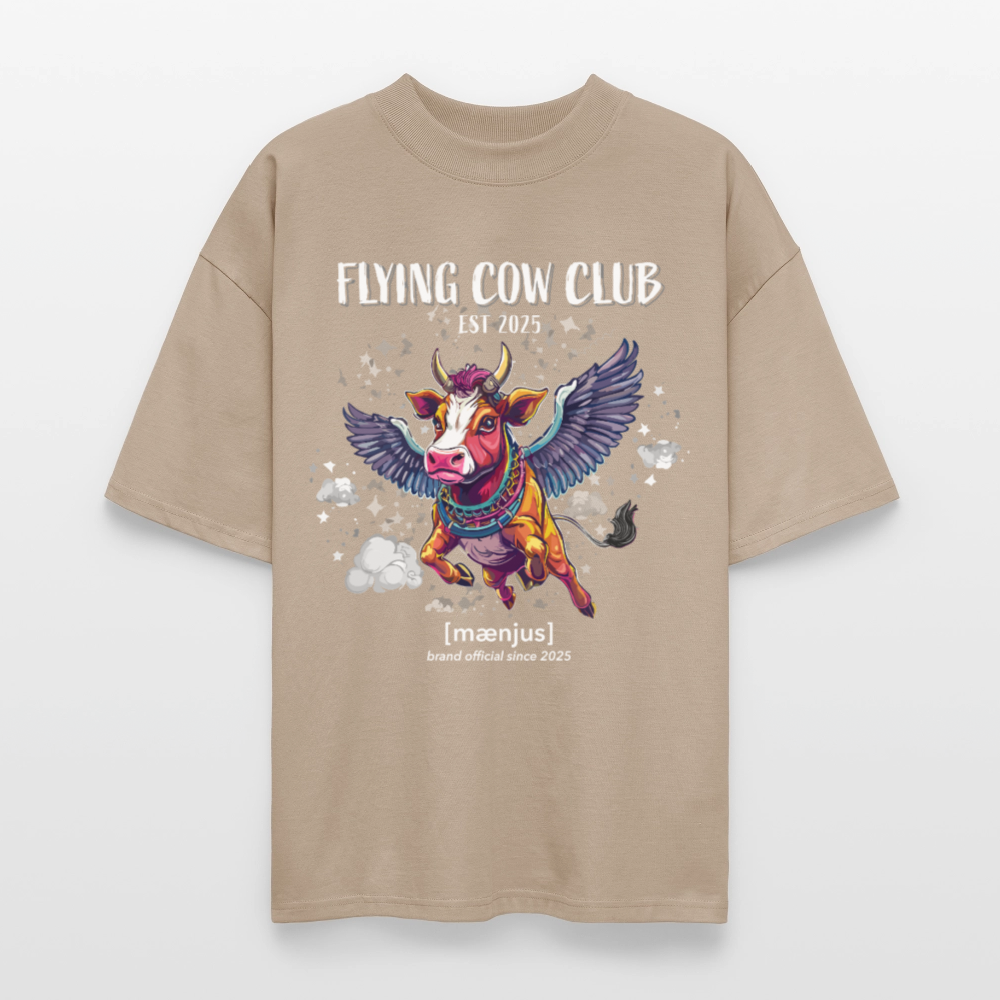 Oversized Unisex Bio T-Shirt mit FLYING COW CLUB PRINT Vorderseite - Steingrau