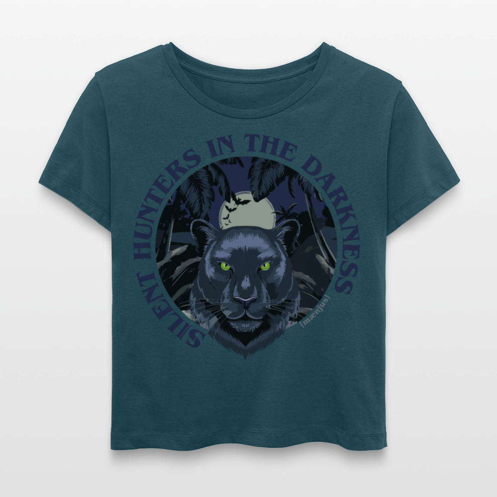 Relaxed Rundhals Frauen Bio-T-Shirt mit SILENT HUNTERS IN THE DARKNESS PRINT Vorderseite - Dunkles Petrol