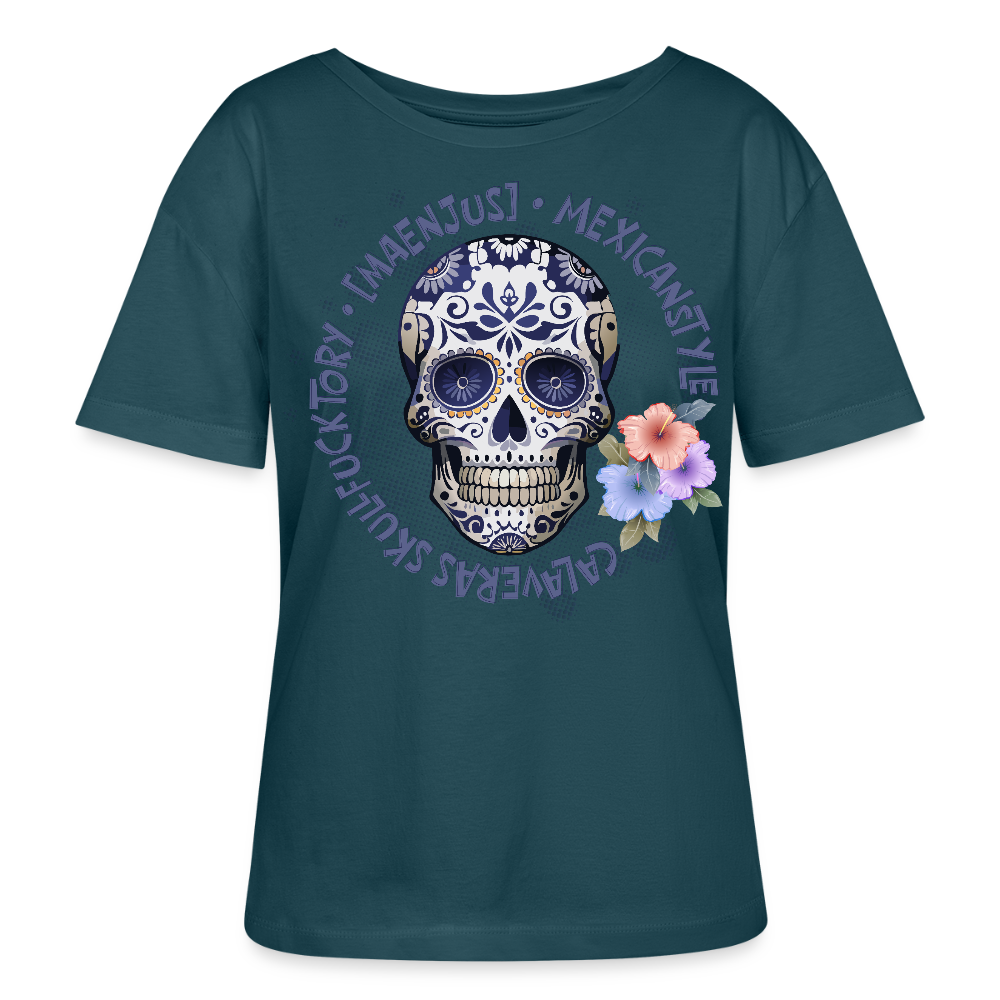 Rundhals Frauen Bio-T-Shirt mit MAENJUS MEXICANSTYLE PRINT Vorderseite - Dunkles Petrol