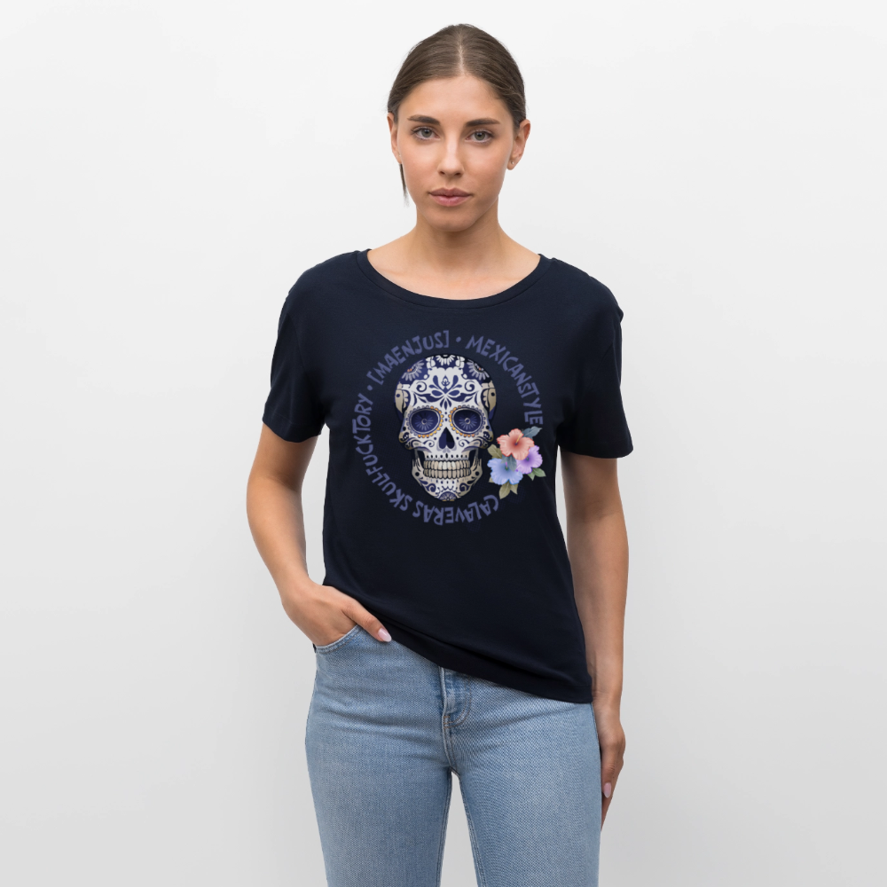 Rundhals Frauen Bio-T-Shirt mit MAENJUS MEXICANSTYLE PRINT Vorderseite - Navy