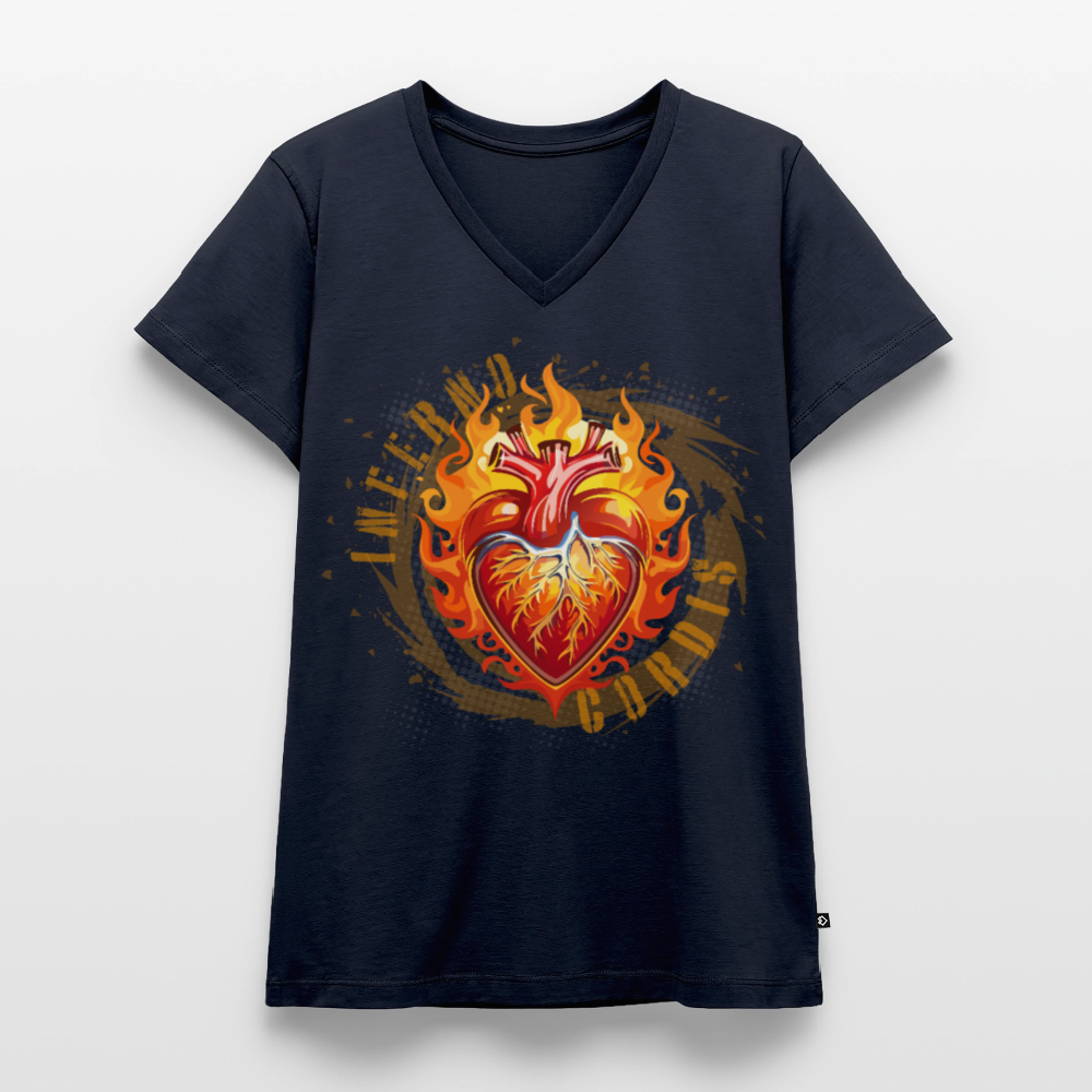 Frauen Bio-T-Shirt mit V-Ausschnitt mit FEUERHERZ PRINT - Navy