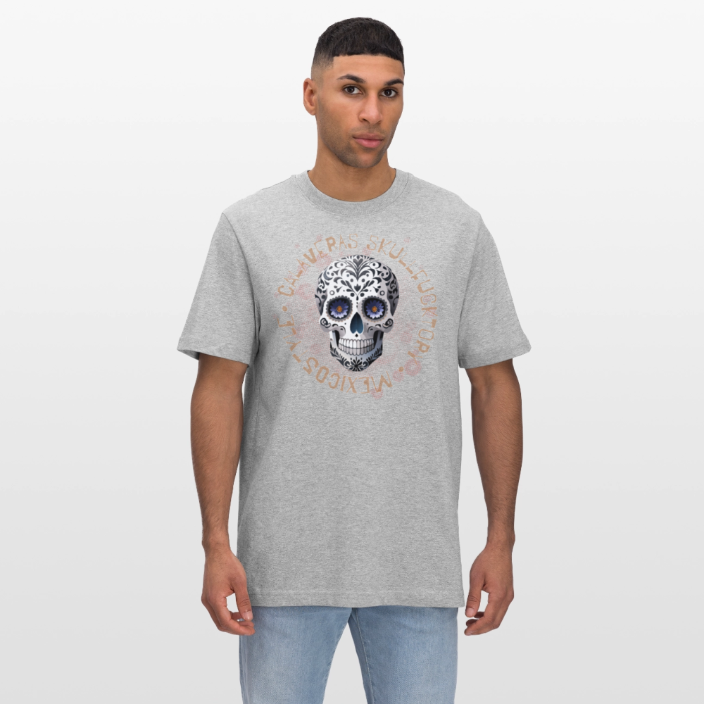 Relaxed Fit Unisex Bio-T-Shirt mit CALAVERAS SKULL PRINT Vorderseite - Grau meliert