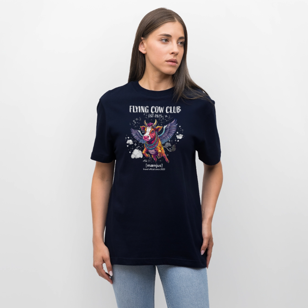 Unisex Bio-T-Shirt mit FLYING COW CLUB PRINT Vorderseite - Navy