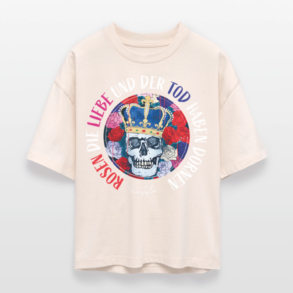 Frauen Boxy Bio-T-Shirt mit ROSEN DIE LIEBE UND DER TOD HABEN DORNEN PRINT - Weißgrau