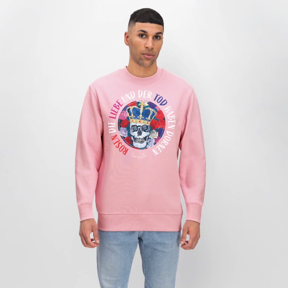 Unisex Bio-Sweatshirt mit ROSEN DIE LIEBE UND DER TOD HABEN DORNEN PRINT - Hellrosa