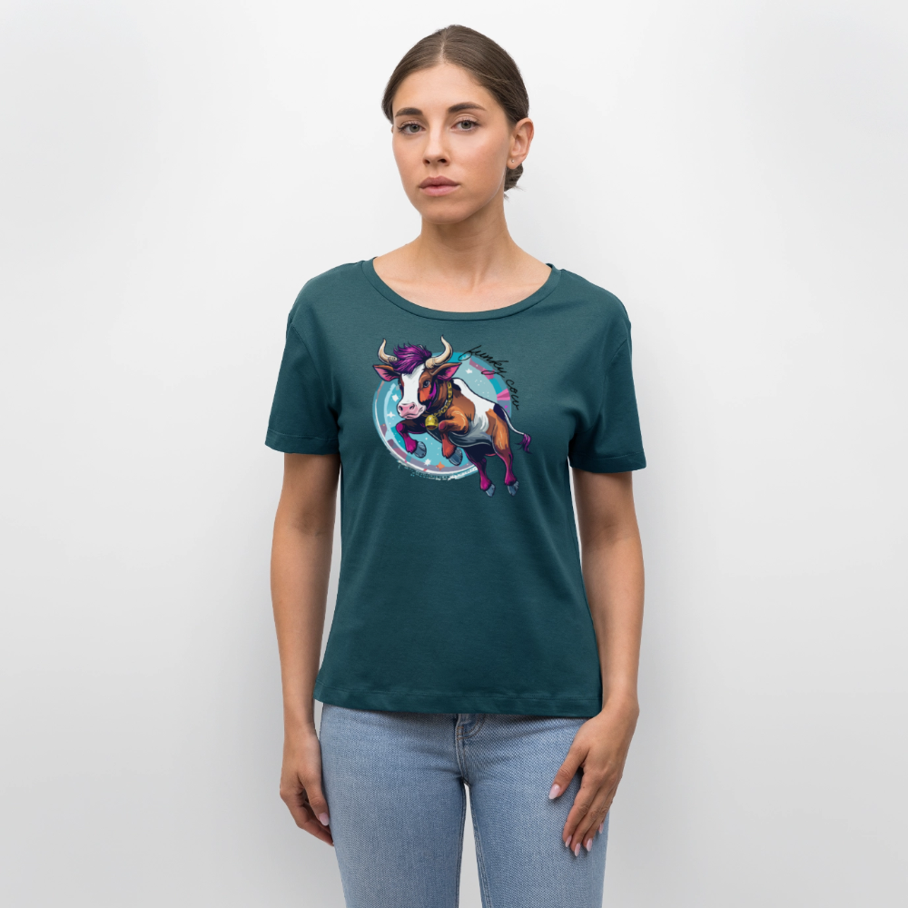Frauen T-Shirt mit FUNKY COW PRINT - Dunkles Petrol