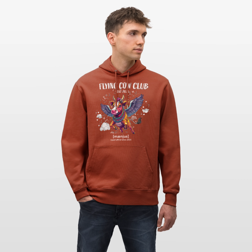 Unisex Bio-Hoodie mit FLYING COW CLUB PRINT Vorderseite - Terrakotta