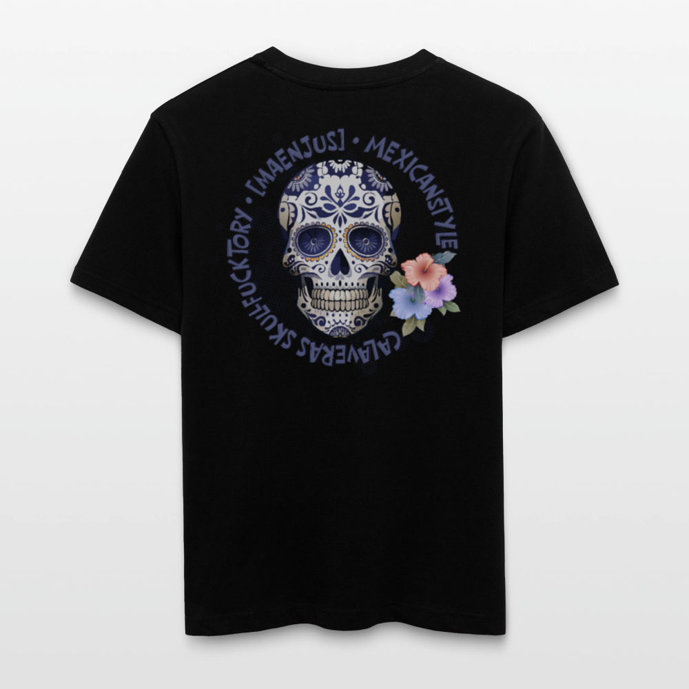 Relaxed Fit Unisex Bio-T-Shirt mit MAENJUS MEXICANSTYLE PRINT Vorder- und Rückseite - Schwarz