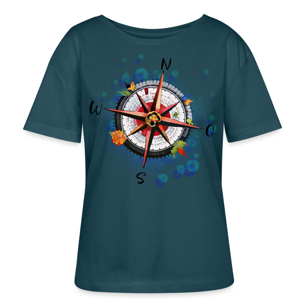 Frauen Rundhals T-Shirt mit WINDROSE PRINT - Dunkles Petrol