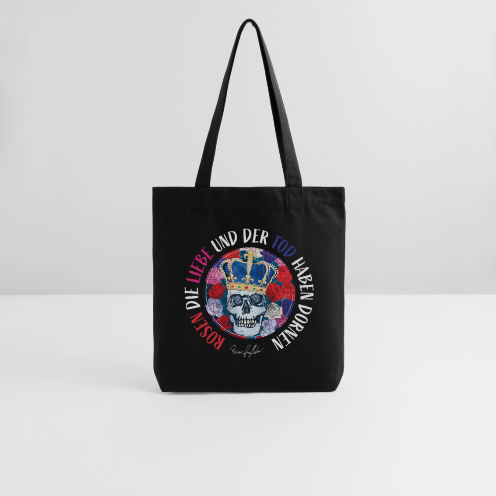 Recycelter Heavyweight Stoffbeutel mit ROSEN DIE LIEBE UND DER TOD HABEN DORNEN PRINT - Schwarz
