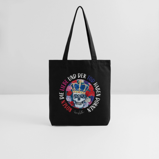 Recycelter Heavyweight Stoffbeutel mit ROSEN DIE LIEBE UND DER TOD HABEN DORNEN PRINT - Schwarz