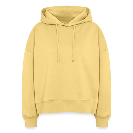 Boxy Frauen Bio Hoodie mit DELIKATEZZA SARDINE PRINT RÜCKSEITE - Hellgelb