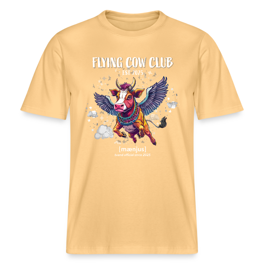 Unisex Bio-T-Shirt mit FLYING COW CLUB PRINT Vorderseite - Hellgelb