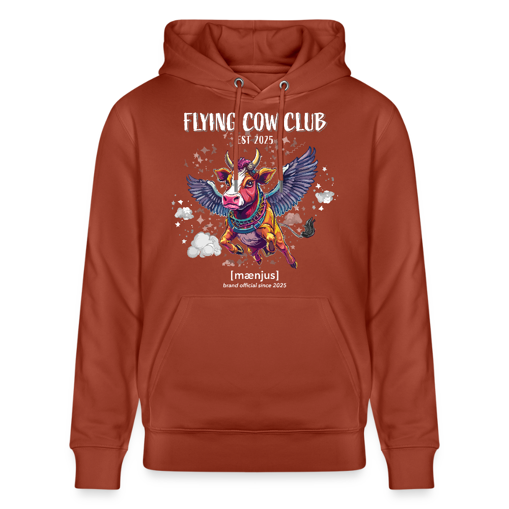 Unisex Bio-Hoodie mit FLYING COW CLUB PRINT Vorderseite - Terrakotta