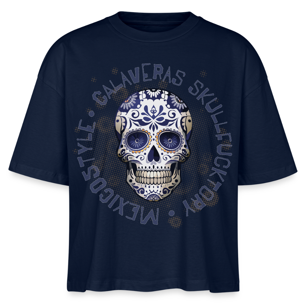 Frauen Boxy Bio-T-Shirt mit CALAVERAS SKULL PRINT - Navy