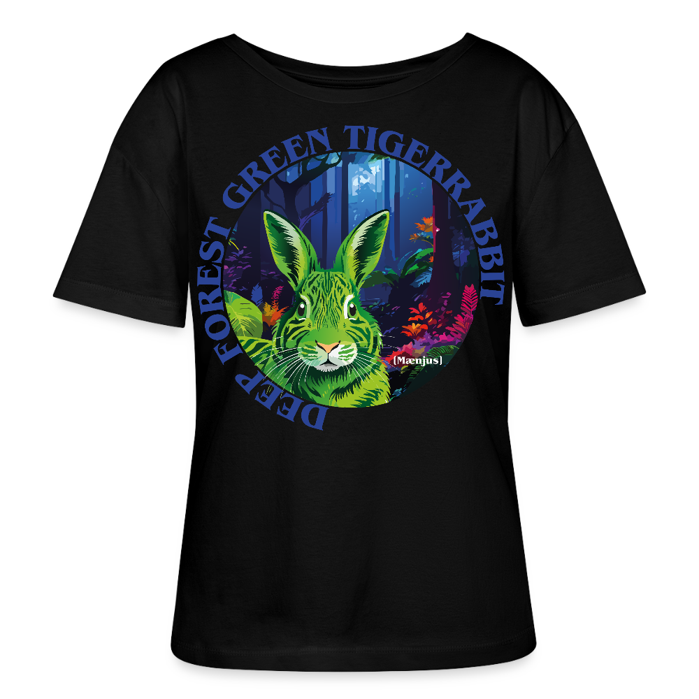 Relaxed Rundhals Frauen Bio-T-Shirt mit DEEP FOREST GREEN TIGERRABBIT PRINT Vorderseite - Schwarz