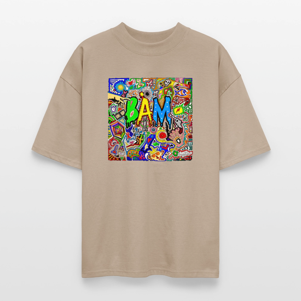 Oversized Unisex Bio T-Shirt mit BÄM PRINT Vorderseite - Steingrau