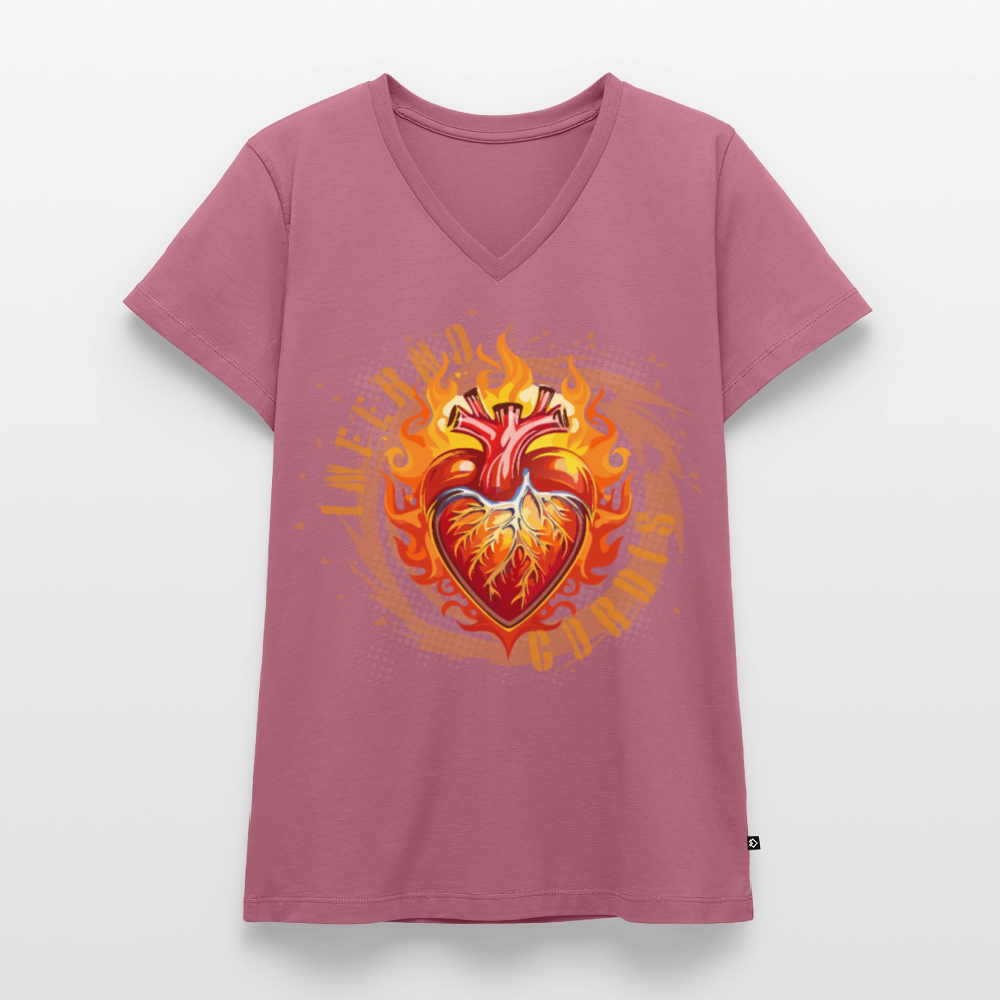 Frauen Bio-T-Shirt mit V-Ausschnitt mit FEUERHERZ PRINT - Mauve