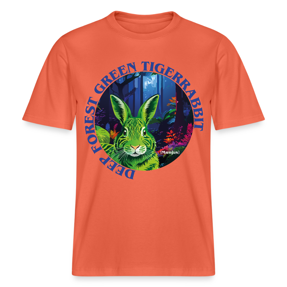 Relaxed Fit Unisex Bio-T-Shirt mit DEEP FOREST GREEN TIGERRABBIT PRINT Vorderseite - Hellrot