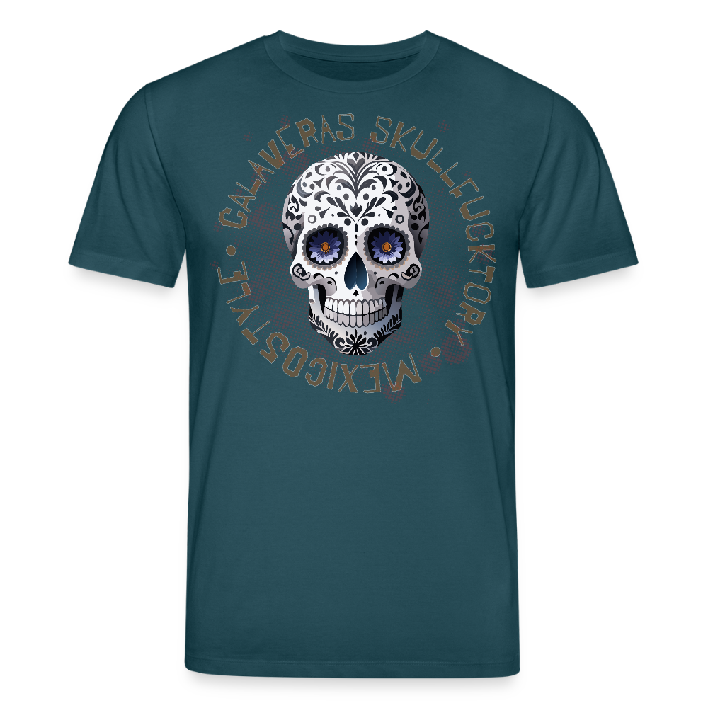 Unisex Bio-T-Shirt mit CALAVERAS SKULL PRINT Vorderseite - Dunkles Petrol