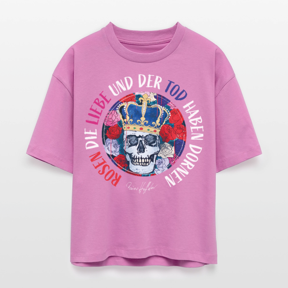 Frauen Boxy Bio-T-Shirt mit ROSEN DIE LIEBE UND DER TOD HABEN DORNEN PRINT - Pink