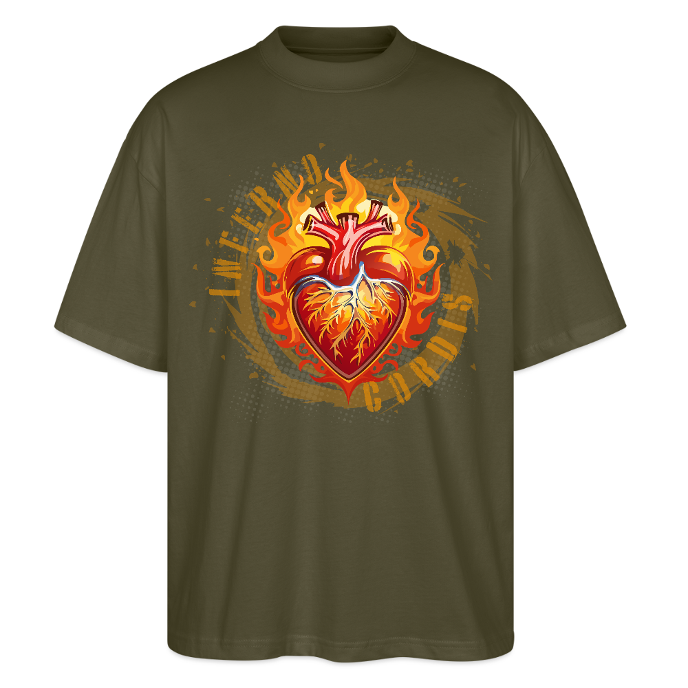 Oversized Unisex Bio T-Shirt mit FEUERHERZ ORANGE PRINT - Khaki