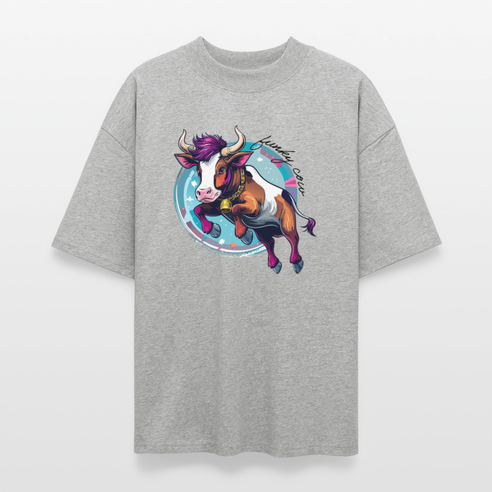 Oversized Unisex T-Shirt mit FUNKY COW PRINT - Grau meliert