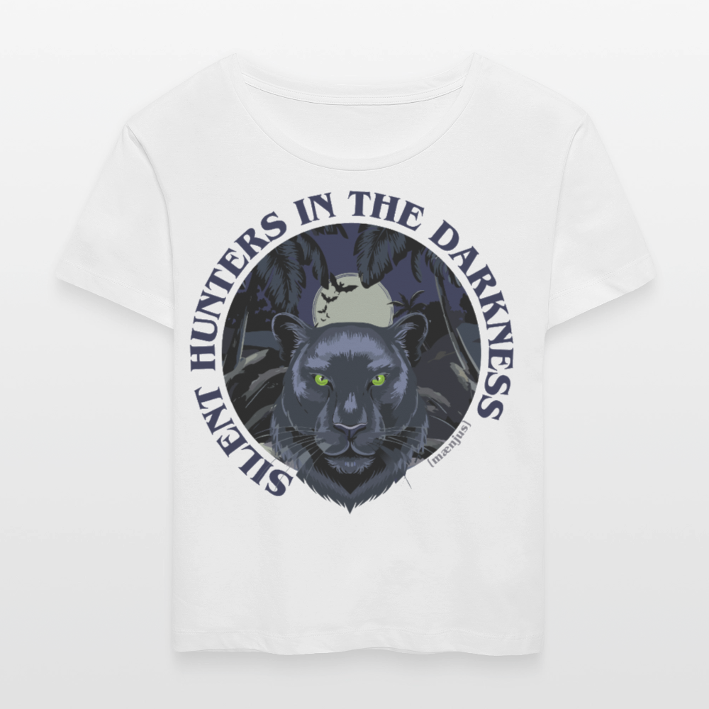 Relaxed Rundhals Frauen Bio-T-Shirt mit SILENT HUNTERS IN THE DARKNESS PRINT Vorderseite - Weiß