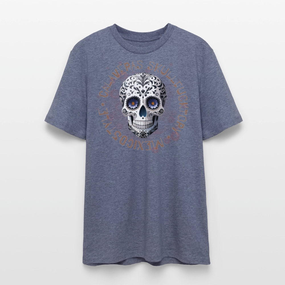 Unisex Bio-T-Shirt mit CALAVERAS SKULL PRINT Vorderseite - Dunkelblau meliert