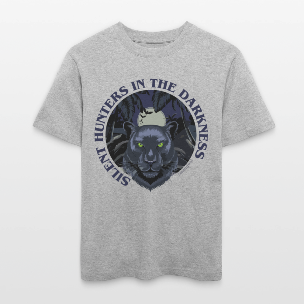 Relaxed Fit Unisex Bio-T-Shirt mit SILENT HUNTERS IN THE DARKNESS PRINT Vorderseite - Grau meliert