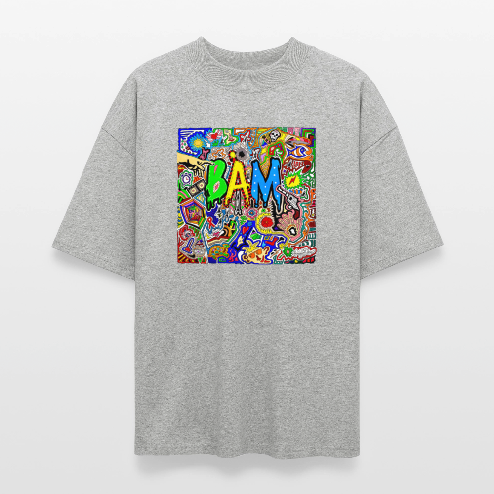 Oversized Unisex Bio T-Shirt mit BÄM PRINT Vorderseite - Grau meliert