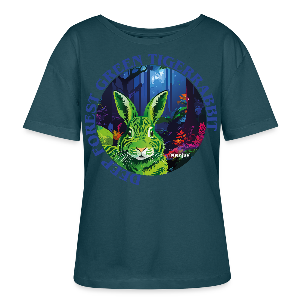 Relaxed Rundhals Frauen Bio-T-Shirt mit DEEP FOREST GREEN TIGERRABBIT PRINT Vorderseite - Dunkles Petrol