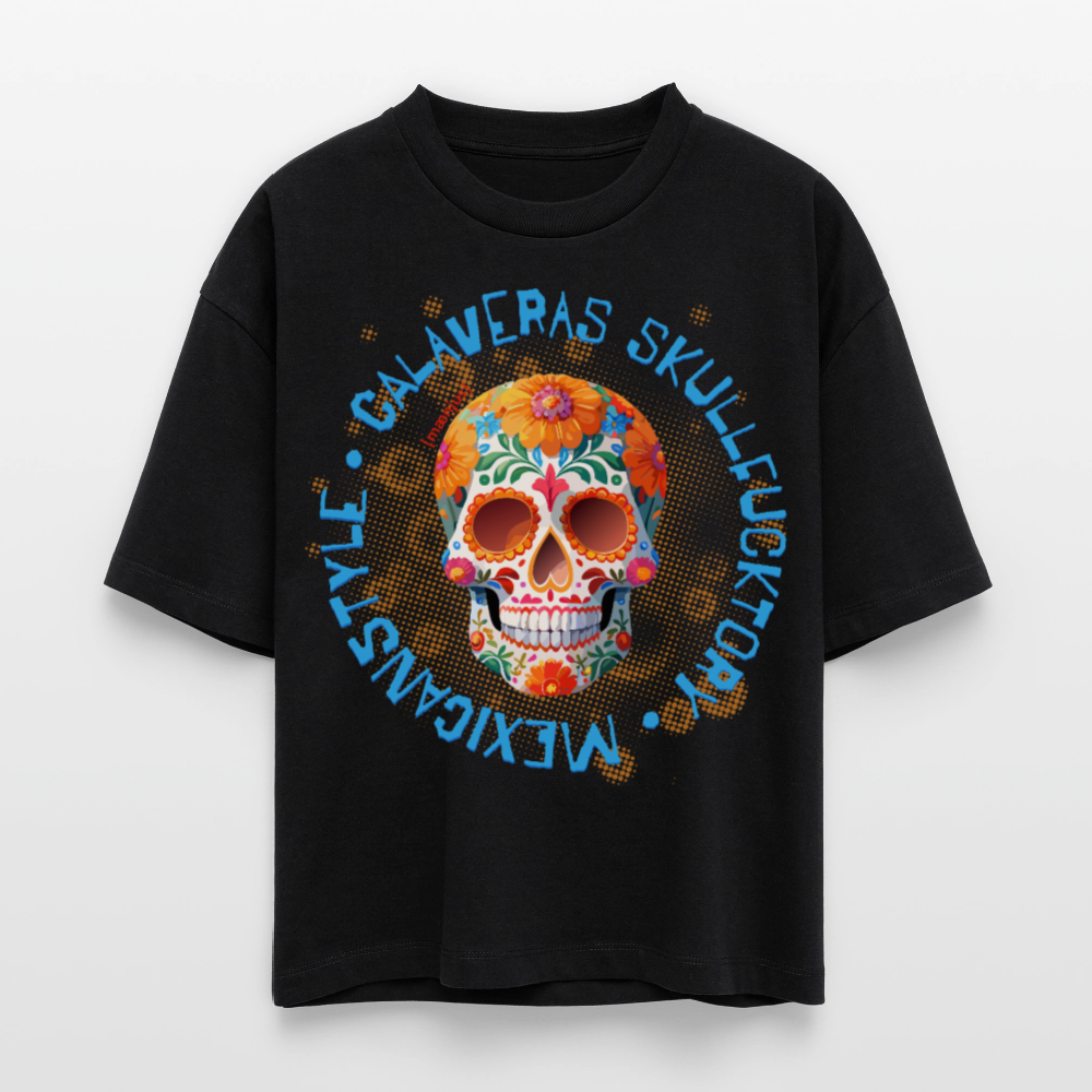 Frauen Boxy Bio-T-Shirt mit CALAVERAS SKULL PRINT - Schwarz