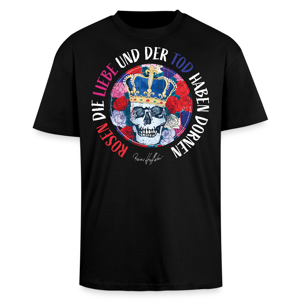 Heavy Oversize T-Shirt mit ROSEN DIE LIEBE UND DER TOD HABEN DORNEN PRINT - Schwarz