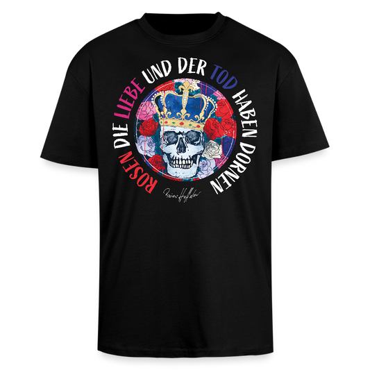 Heavy Oversize T-Shirt mit ROSEN DIE LIEBE UND DER TOD HABEN DORNEN PRINT - Schwarz