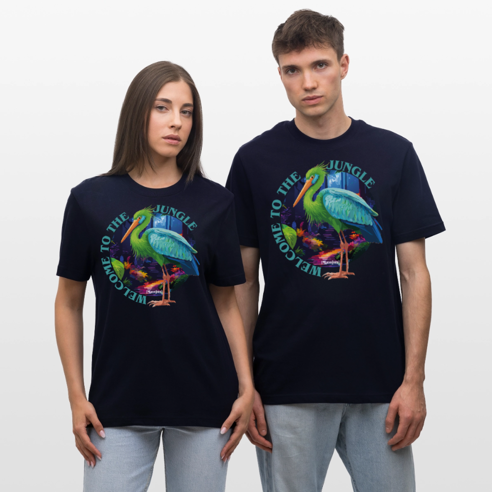 Relaxed Fit Unisex Bio-T-Shirt mit WELCOME TO THE JUNGLE PRINT Vorderseite - Navy