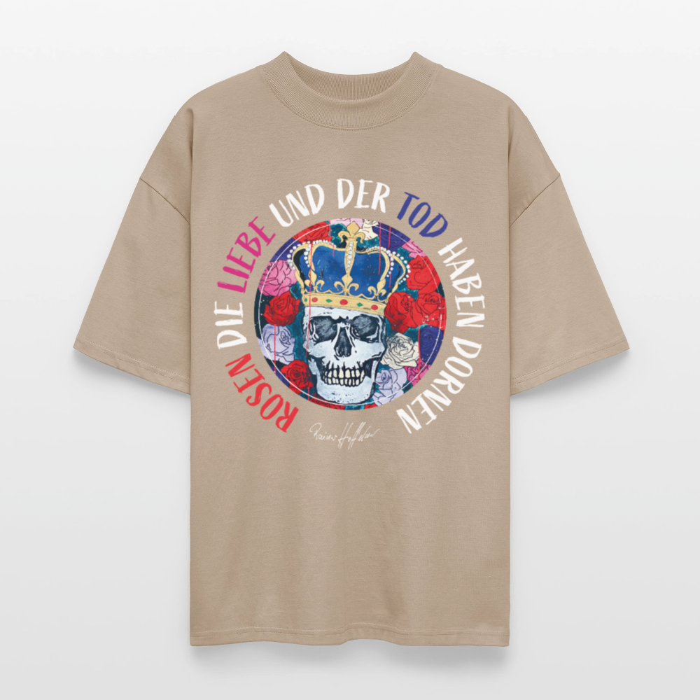 Oversized Unisex T-Shirt mit ROSEN DIE LIEBE UND DER TOD HABEN DORNEN PRINT - Steingrau