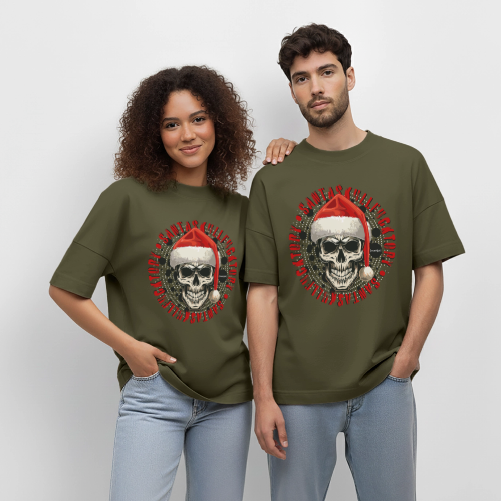Oversized Unisex Bio T-Shirt mit SANTASKULL FUCKTORY PRINT - Khaki