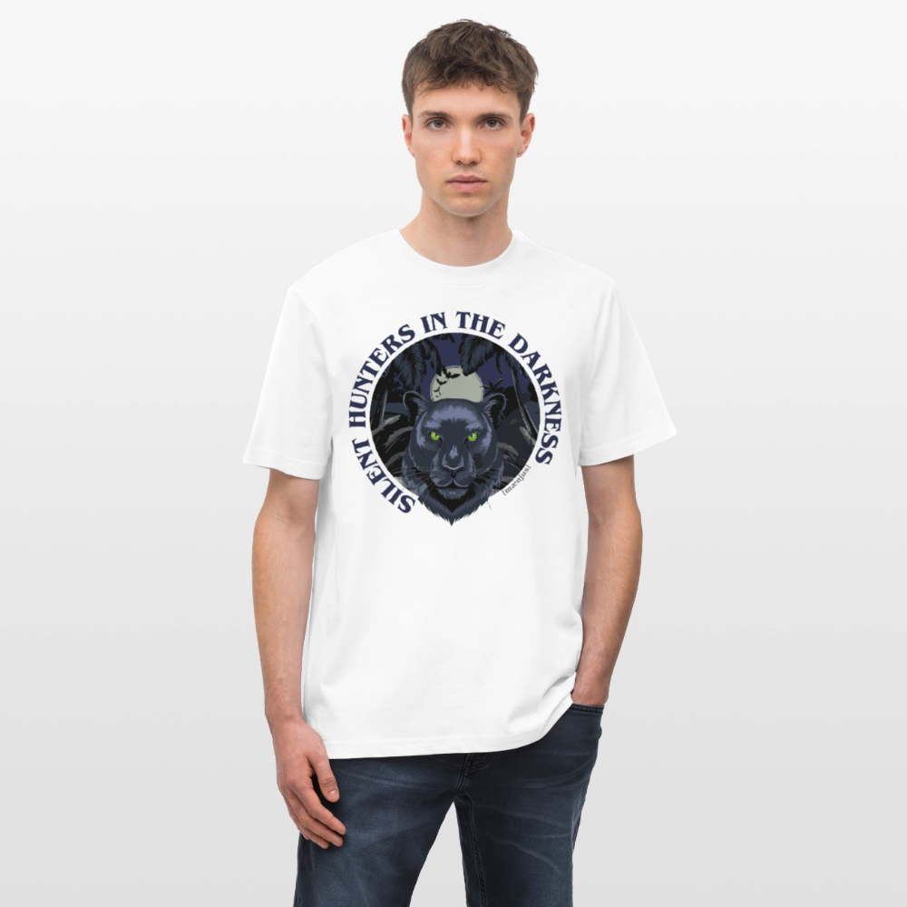 Relaxed Fit Unisex Bio-T-Shirt mit SILENT HUNTERS IN THE DARKNESS PRINT Vorderseite - Weiß